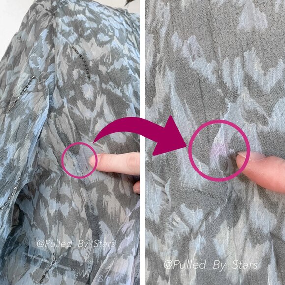 CHAN LUU Blue & Gray Sheer Viscose Blouse + Beaded Embellishments | Size M - Picture 13 of 14